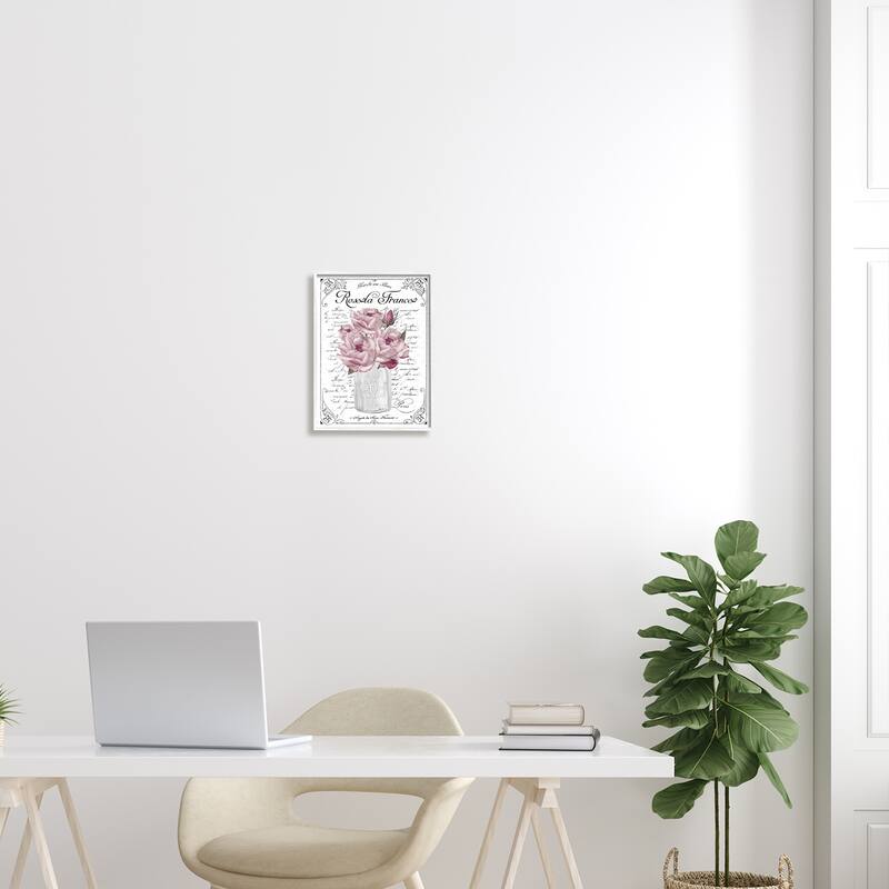 Stupell Pink Roses Bouquet French Words Fancy Script Background Framed Wall Art, Design by Lettered and Lined