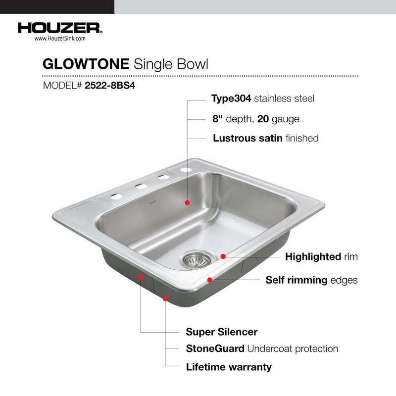 Houzer 2522-8BS4-C Glowtone 25" Drop In Single Basin Stainless Steel