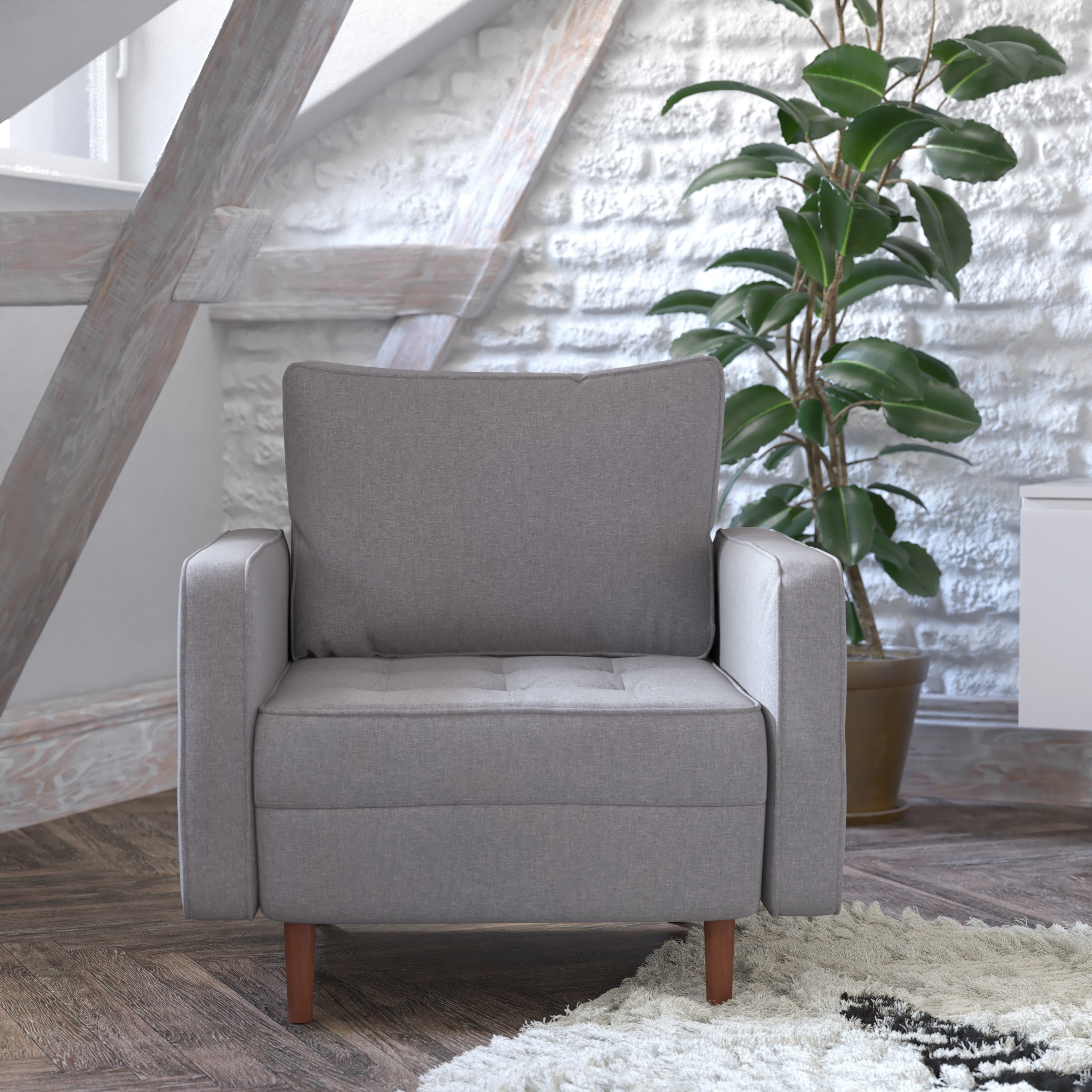 Compact Upholstered Tufted Chair with Wooden Legs - 30.5"D x 33"W x 33"H