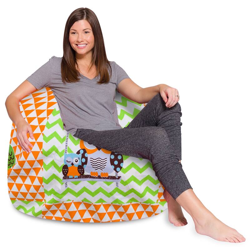 Kids Bean Bag Chair, Big Comfy Chair - Machine Washable Cover - 48 Inches Extra Large - Canvas Owls Green and Orange