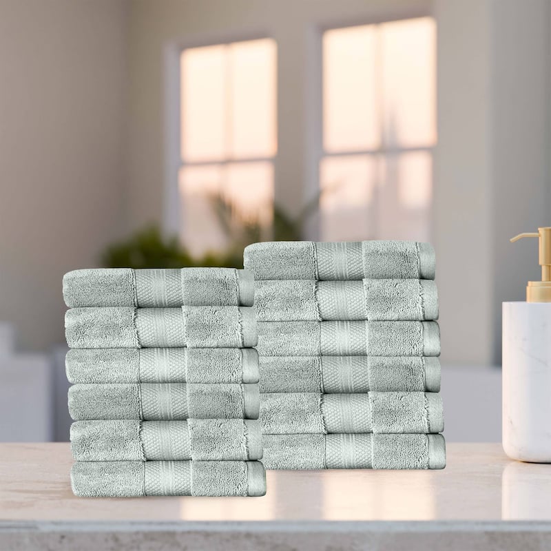 Superior Turkish Cotton Solid Heavyweight Face Towel Set of 12 - Olive Green