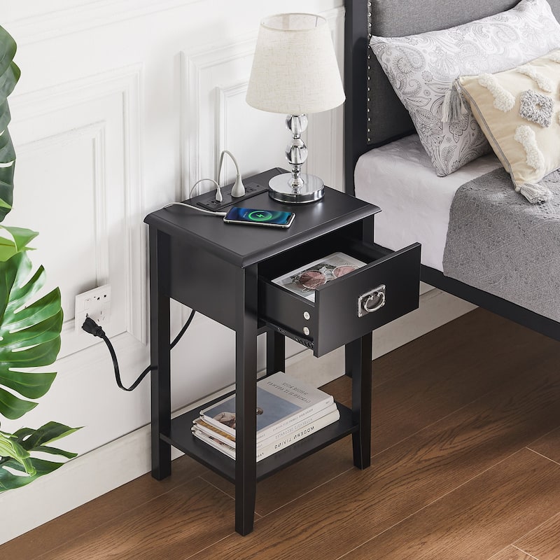 Javlergo Set of 2 Wooden Nightstand with Charging Station, Side End Table with USB Drawer and Open Storage Shelf