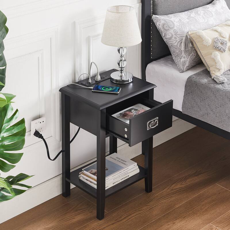 Javlergo Set of 2 Wooden Nightstand with Charging Station, Side End Table with USB Drawer and Open Storage Shelf