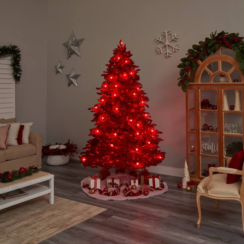 8ft. Red Flocked Fir Artificial Christmas Tree with 700 Red Lights, 45 Globe Bulbs & 1468 Branches - Bold X-Mas Statement Tree
