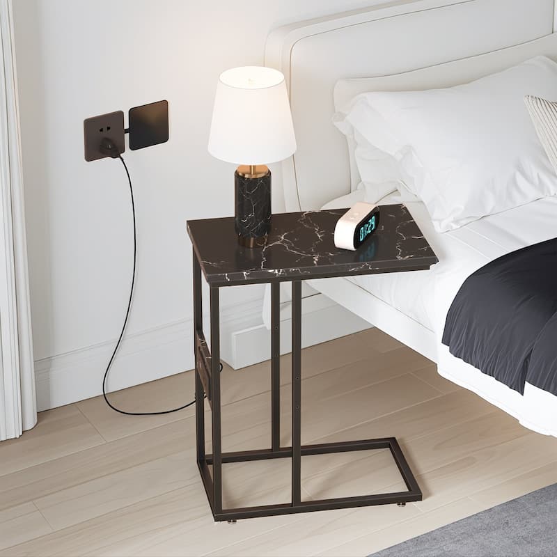 Javlergo Set of 2 C-Shaped End Tables with Charging Station Outlets & USB Fits Sofa Bed for Small Spaces Nightstand & Sofa Table