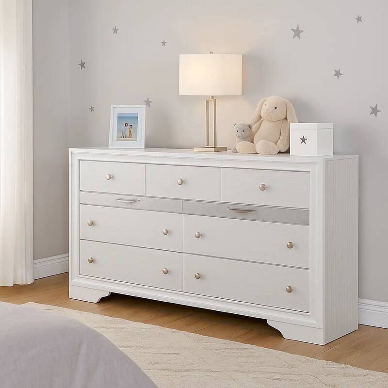 Wooden Dresser with 7 Drawers and 2 Jewelry Drawer, White and Silver