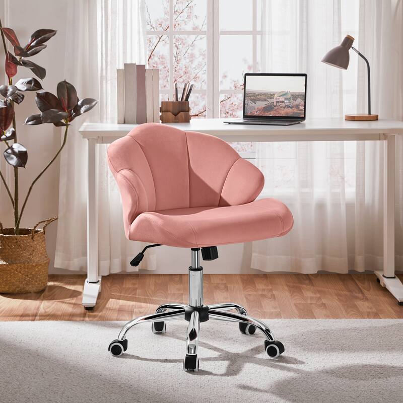 Yaheetech Upholstered Swivel Office Chair with Tufted Shell-Shaped Back for Bedroom Salon - Pink