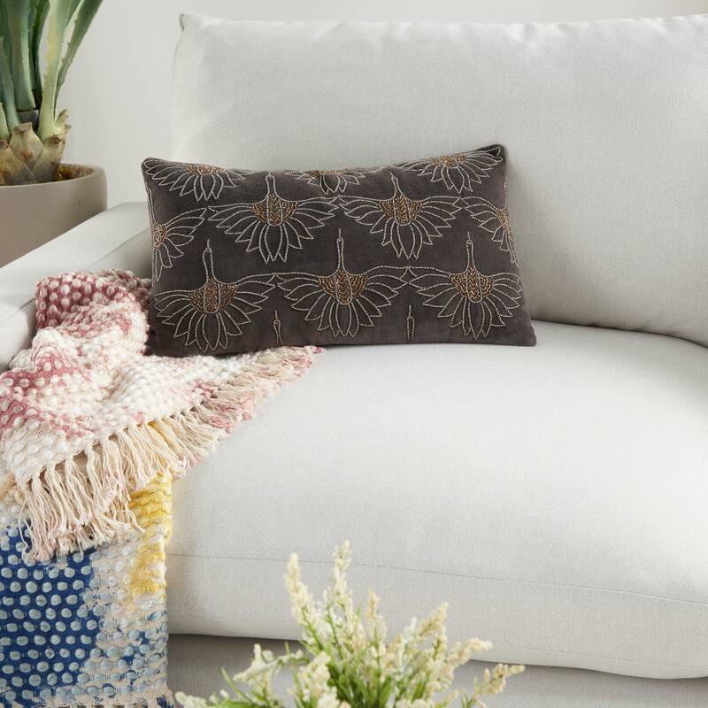 Mina Victory Beaded Flowers Throw Pillow - Grey - 12" x 20"
