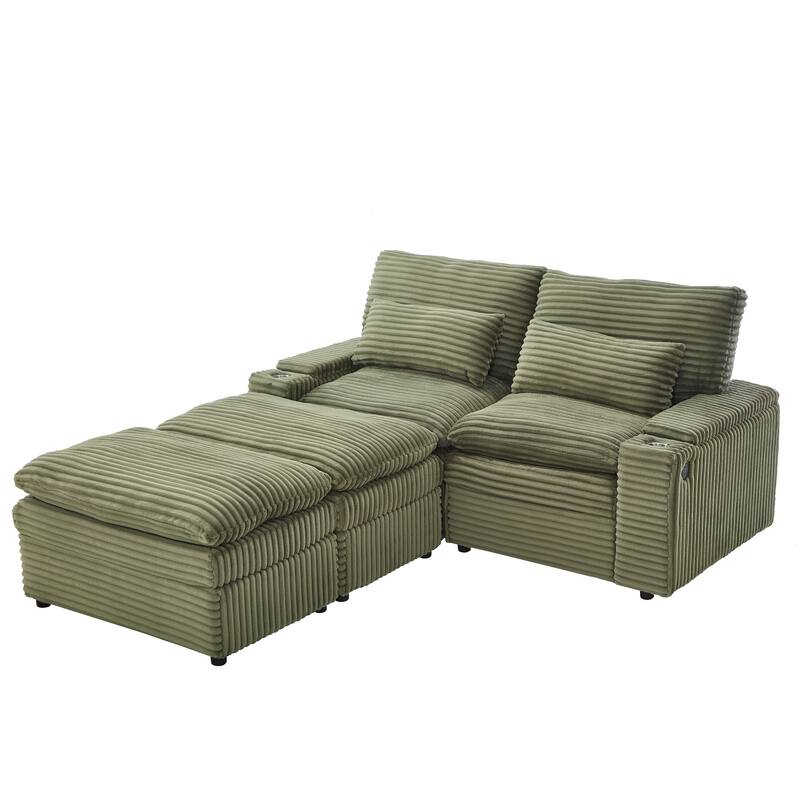 L-Shaped Corduroy Sectional Sofa w/ USB Ports & Cup Holders, 2-seater Sofa Loveseat w/ 2 Ottomans, Convertible Sleeper Sofa Bed