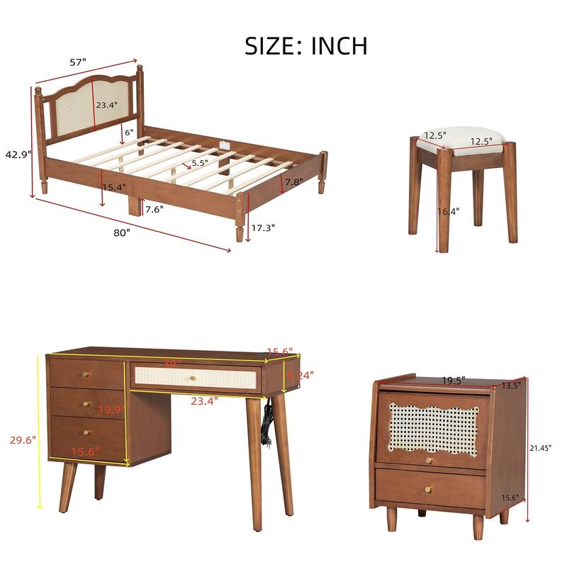 Wooden Platform Bed with Rattan Headboard Curved Wingback Bed Vintage Bed Frame Wood Slat Support Bed with Underbed Storage