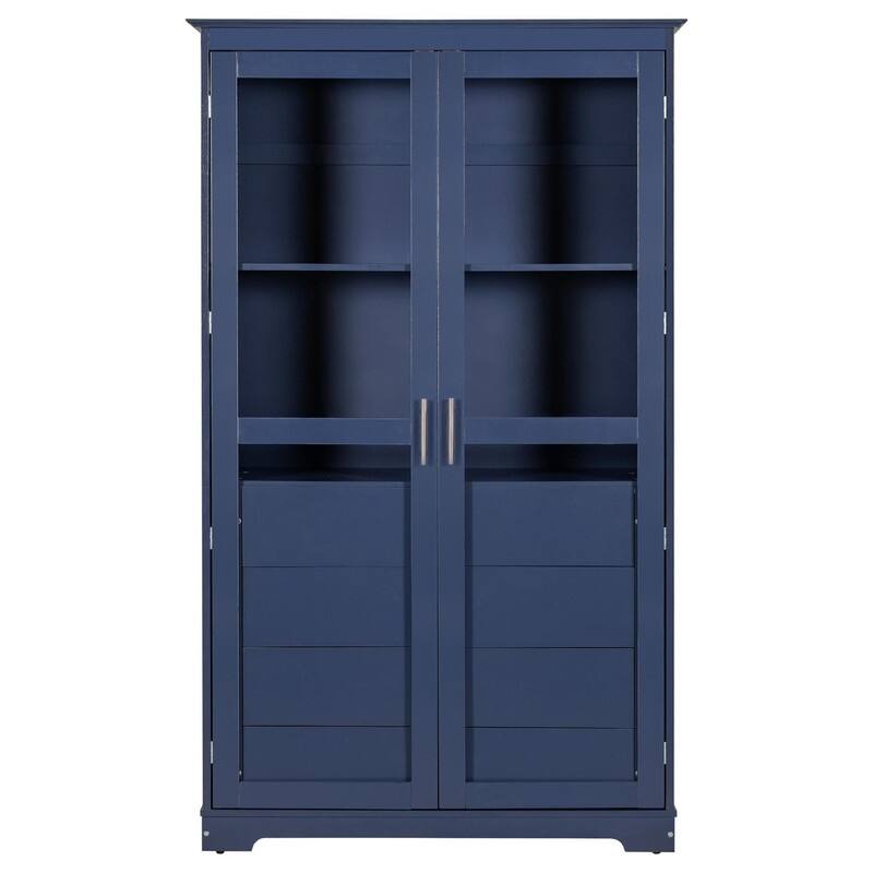 75" Tall Pine Wood Kitchen Pantry Cabinet with Glass Doors Four Drawers and Anti-Tipping Safety Features - Blue