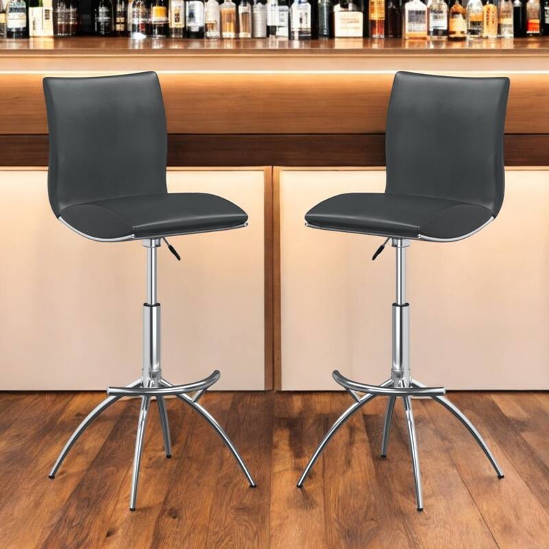 Set of 2 Contemporary Bar Stools with Faux Leather Saddle Seats and Adjustable Metal Base - 39”H x 17”W x 15”D - Grey-Silver