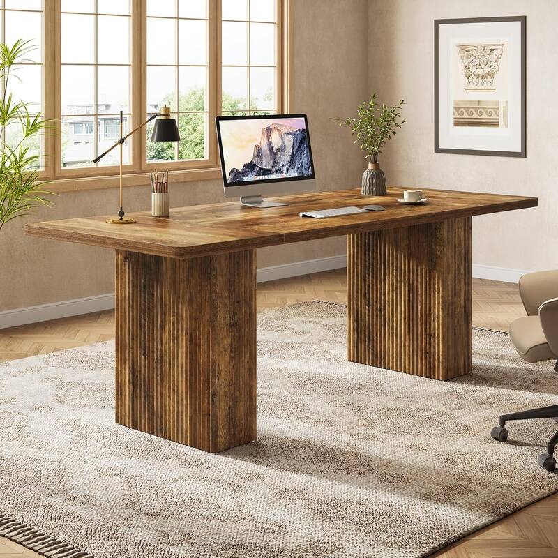 70.1-Inch Executive Desk, Large Computer Office Desk with Sturdy Fluted Pedestal