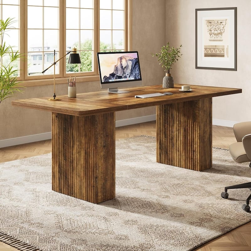 70.89 Inches Brown Engineered Wood Executive Desk, Large Conference Table with Double Pedestal