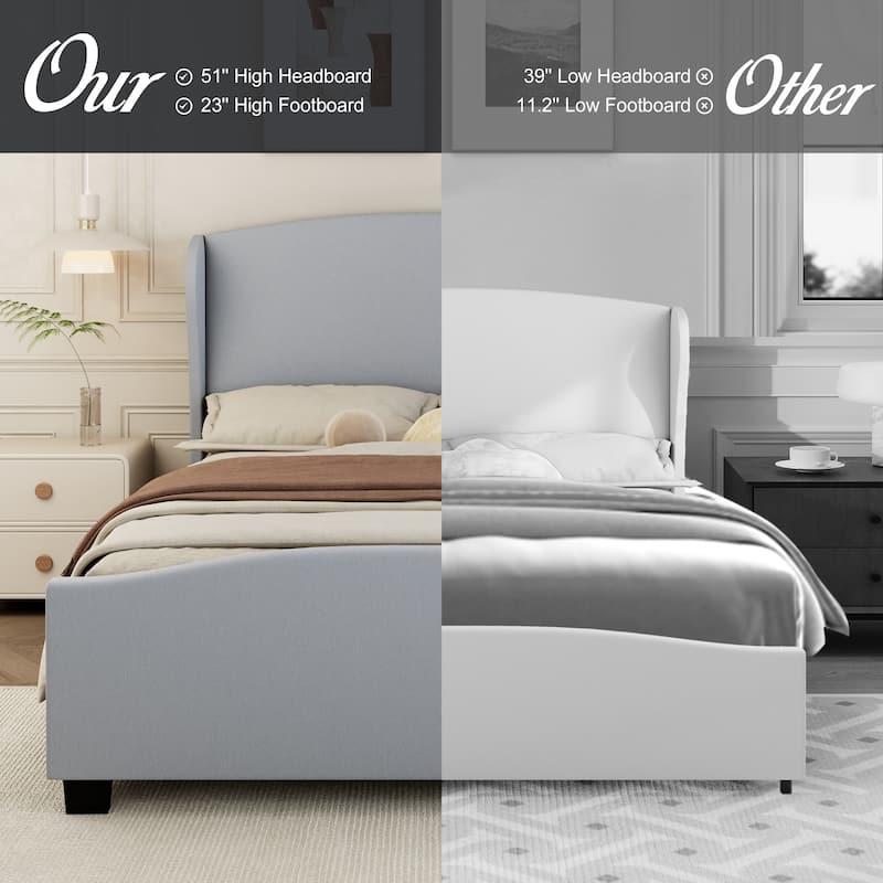 Full Size Linen Upholstered Platform Bed w/ Headboard Wingback, Gray