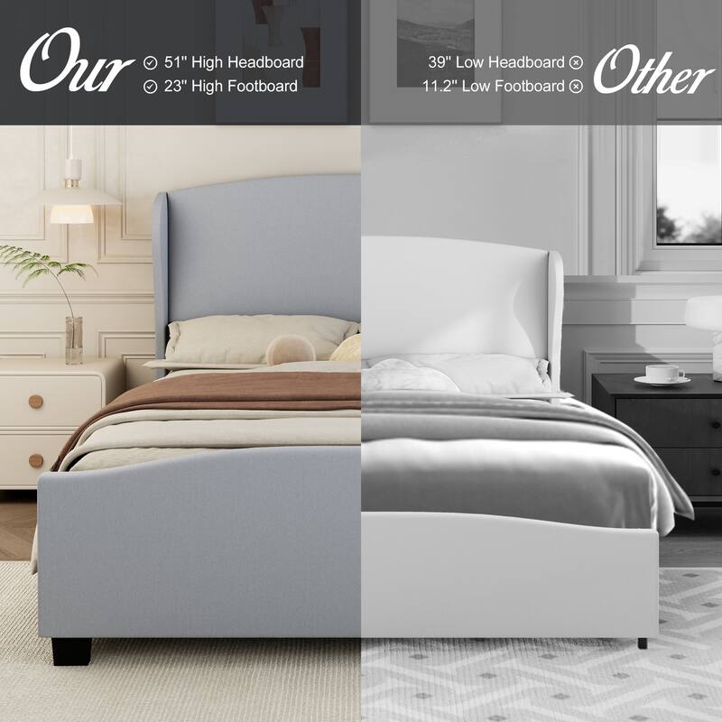 King Size Wingback Bed Frame with 51" Tall Headboard with Solid Wood Legs (No Box Spring Needed)