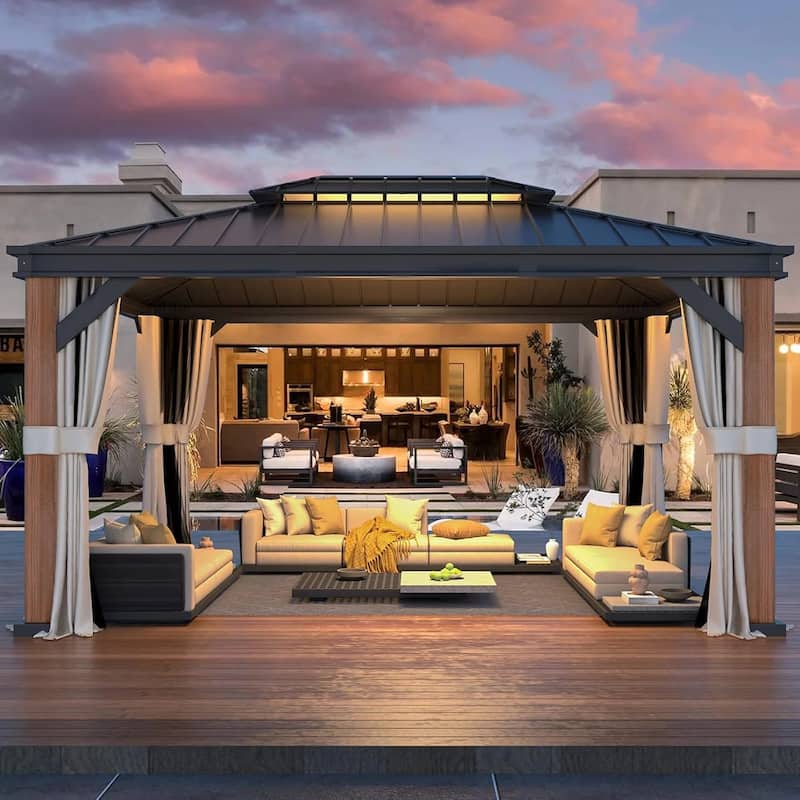 Premium Outdoor Gazebo Pergola with Galvanized Steel Roof, Wooden Coated Aluminum Frame, Privacy Curtains, and Nettings Included