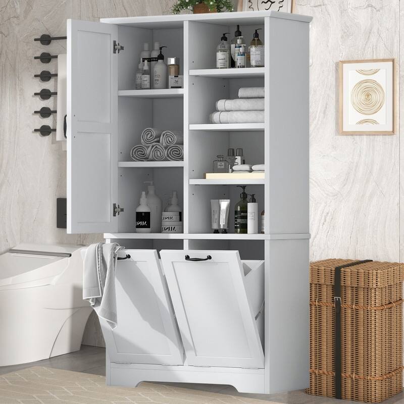 Tall Tilt Out Laundry Hamper Cabinet With Drawer Bathroom Storage Cabinet Shelf With Multiple Storage Space - Wide White