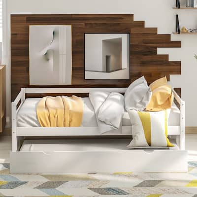Modern Simple Twin Size Bunk Daybed with Twin Size Trundle Wood Bed Frame for Kids Teens Adults Space-Saving, Easy Assembly