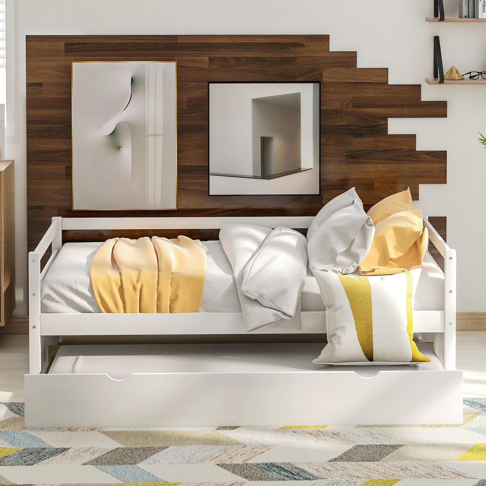 Modern Simple Twin Size Bunk Daybed with Twin Size Trundle Wood Bed Frame for Kids Teens Adults Space-Saving, Easy Assembly
