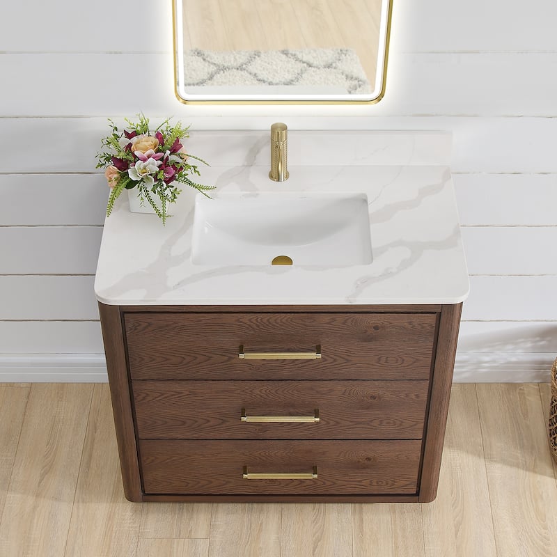 Porto Bath Vanity with White Quartz Stone Top and Mirror