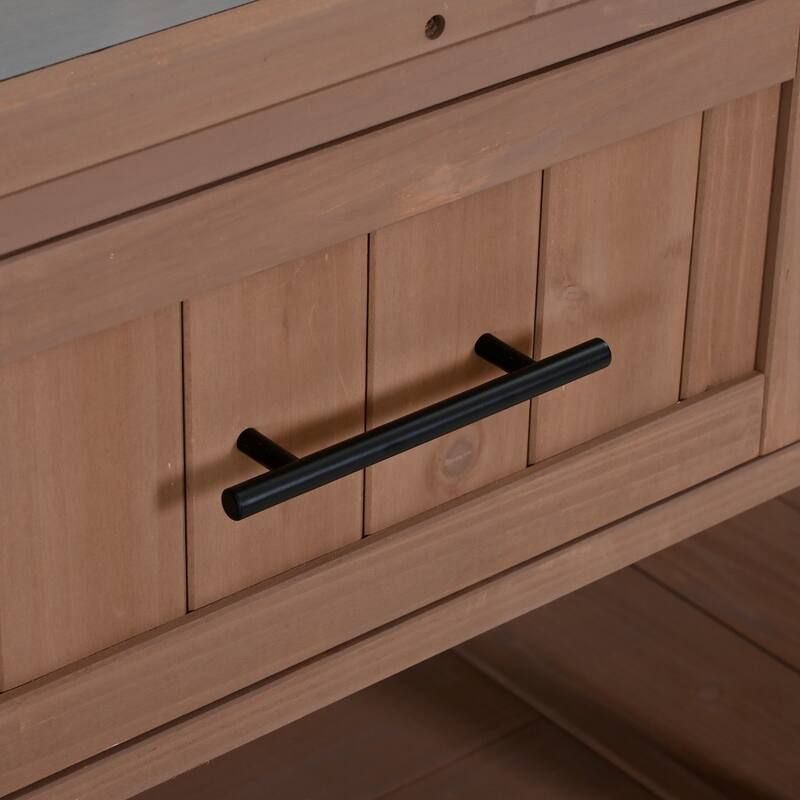 Solid Wood 62.3'' Patio Kitchen Island Kitchen Cart with Stainless Table Top, Garden Potting Bench with Raised Shelf and Drawers