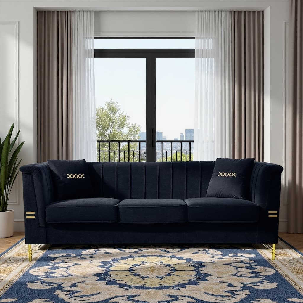 Roomfitters Modern Glam Upholstered Sofa with Vertical Channel Tufting and Gold Metal Accents, Elegant 3 Seater Couch