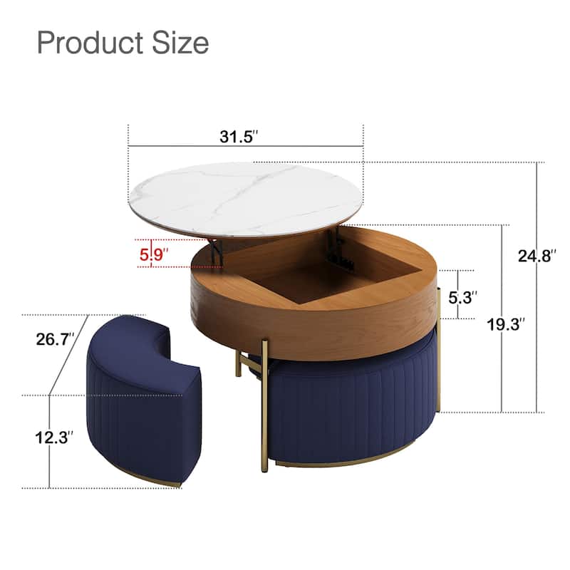 Lift Top Extendable Frame Coffee Table with Storage 3 Stools, Stainless Steel Legs - L 31.5'×W 31.5'×H 19.29'