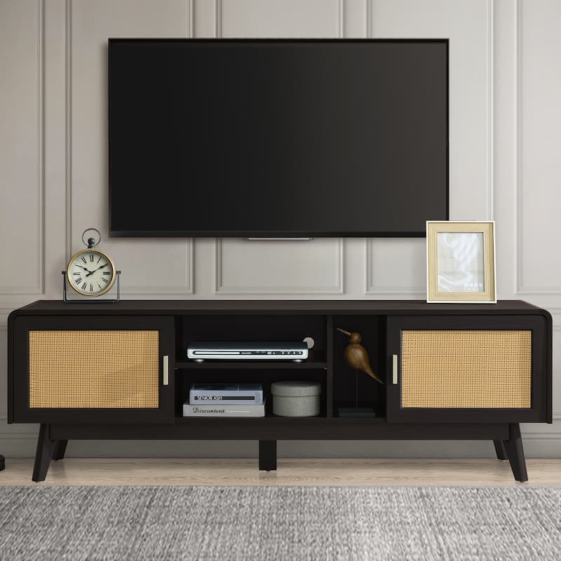 63Inch Media Console Table Rattan TV Stand with 2 Storage Cabinets