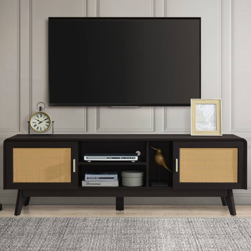 Anmytek Rattan TV Stand for TVs up to 70 Inches Modern Boho Entertainment Center Woven Rattan Dark Finish