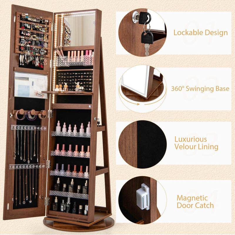 Costway 360° Swivel Jewelry Cabinet Organizer 3-Color LED Mirror with - See Details
