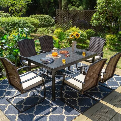 7/9- Piece Patio Dining Set, 6/8 Rattan Wicker C Spring Rocking Dining Chairs with Cushion and 1 Extendable Table