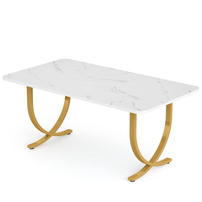 63" Executive Office Desk Modern White & Gold Computer Desk with Faux Marble Tabletop