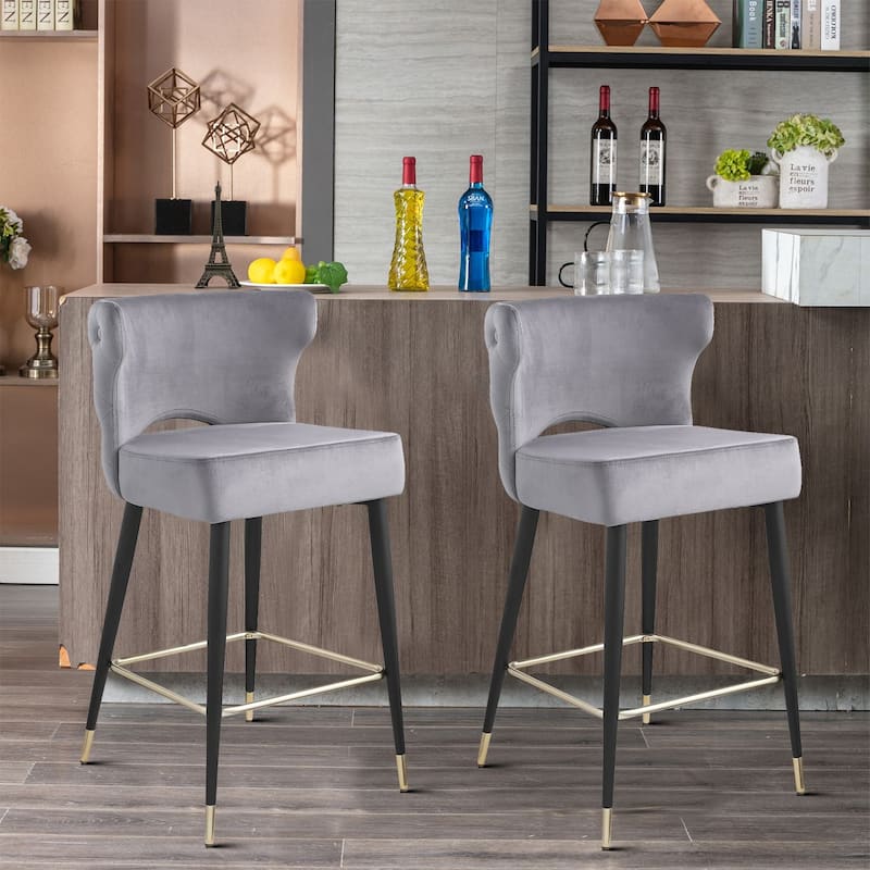 Mid-Century Modern Velvet Upholstered Barstools with Black Metal Legs - Gray