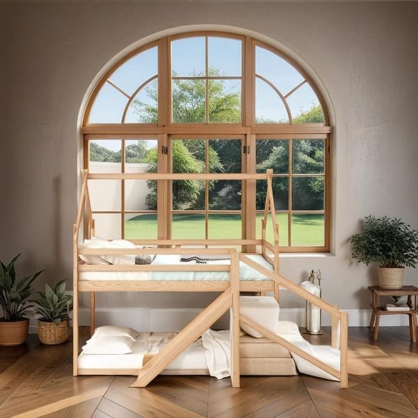 slide 2 of 12, Twin over Twin House Loft or Bunk Bed with Slide and Staircase Natural