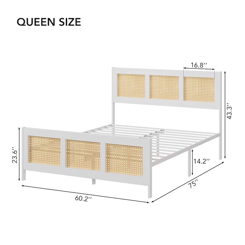 Rattan Bed Frame with Headboard, White Boho Cane Platform Bed Frame with Strong Metal Slat, Noise Free