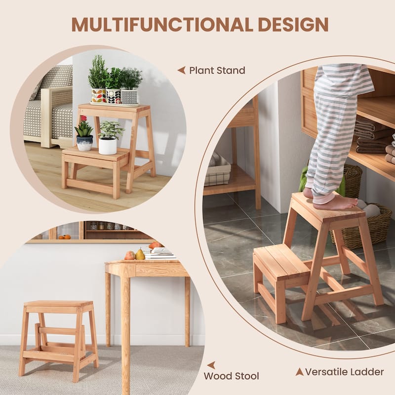 Space-Saving Solid Fir Wood 2-Tier Folding Step Stool Ladder for High Shelves and Plant Display