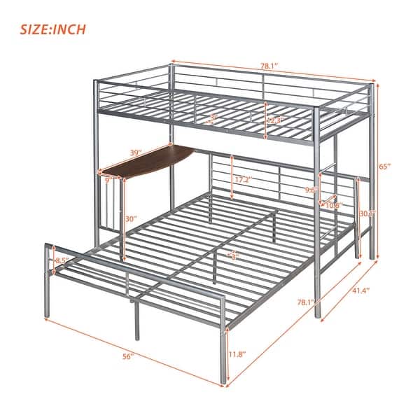 dimension image slide 1 of 3, Twin over Full Metal Bunk Bed with Desk, Ladder, and Quality Slats