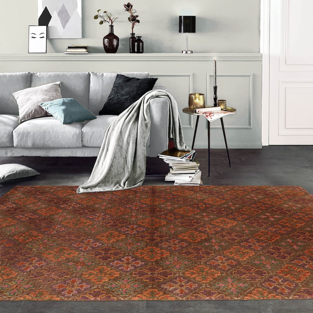 Hand Knotted Tibetan Brown Floral Wool & Silk Transitional Area Rug - 4' x 6'