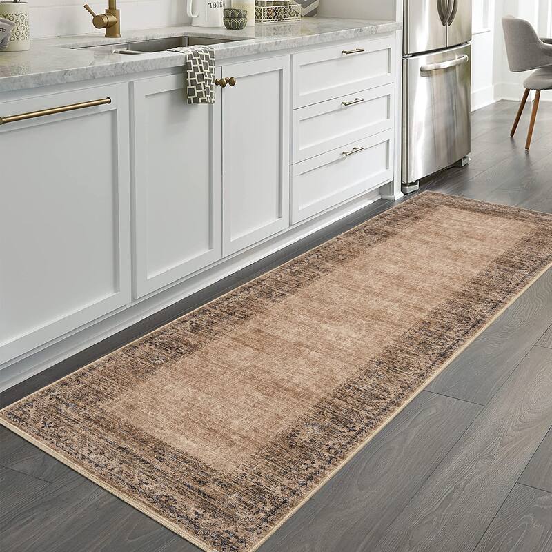 Vintage Bordered Area Rug Washable Area Rug Non-Slip Low Pile Throw Carpet for Living Room Bedroom Dining Room