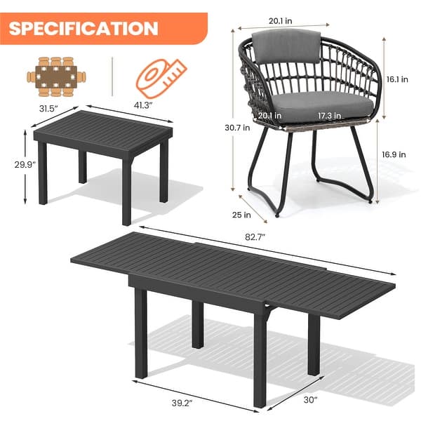 dimension image slide 6 of 8, 7/9/11PC Outdoor Aluminum Expandable Patio Dining Sets Table with Wicker Chair