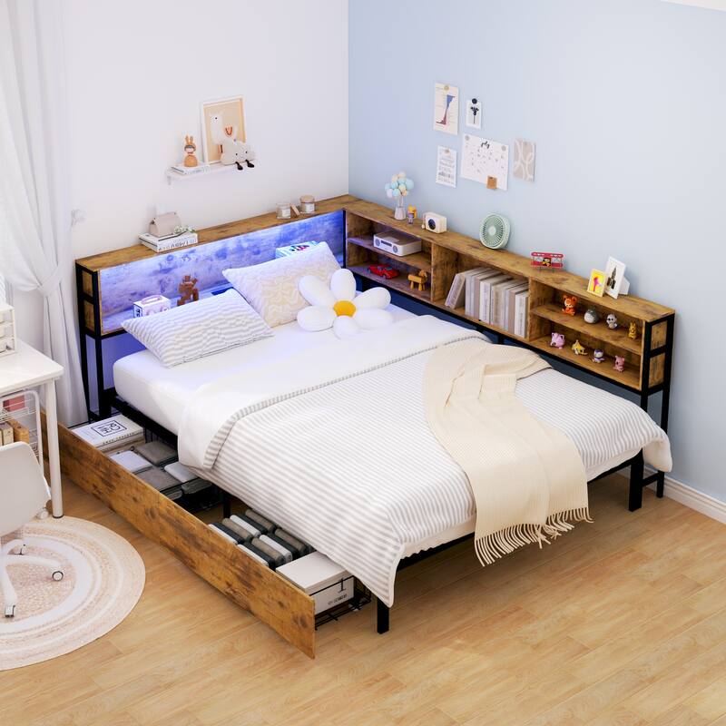 Corner Daybed Kids Platform Bed Frame with Storage Bookcase, Underbed Drawers, Charging Station and LED Lights - Brown - Full