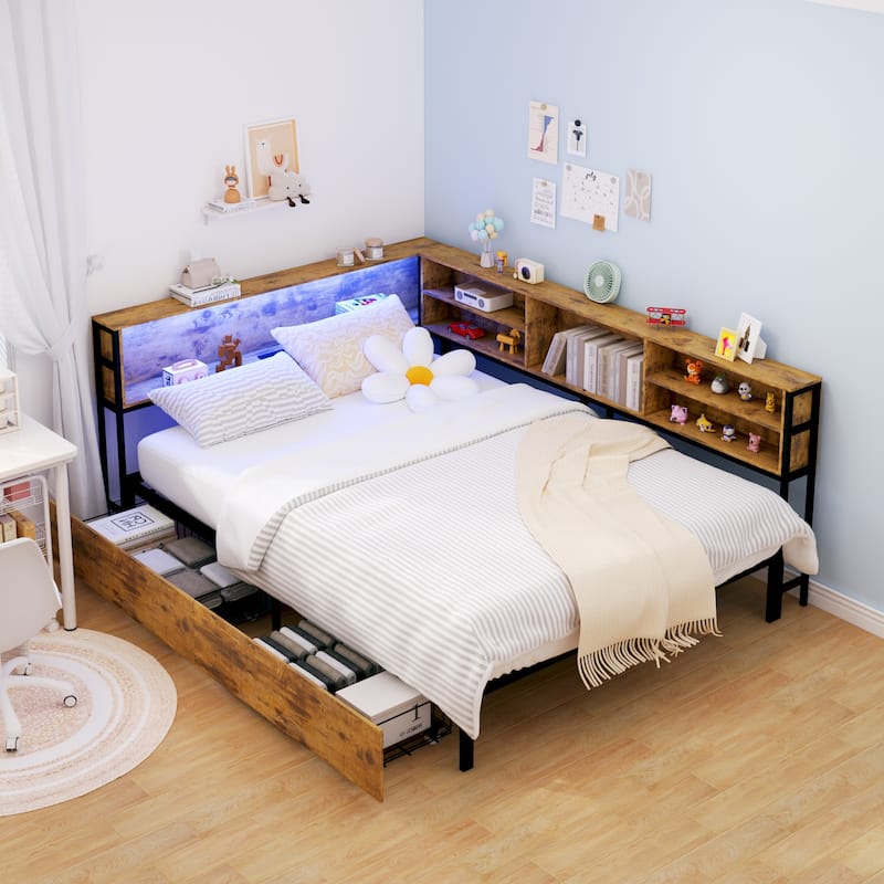 Kids Corner Bed with Storage, Twin/Full Daybed with Drawers, Bookcase Headboard with Charging Station & LED Lights