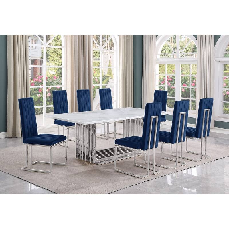 Best Quality Furniture D312/3-SC340-7 Dining Set with 79" White Marble Top - 9-Piece - Navy Blue / Silver
