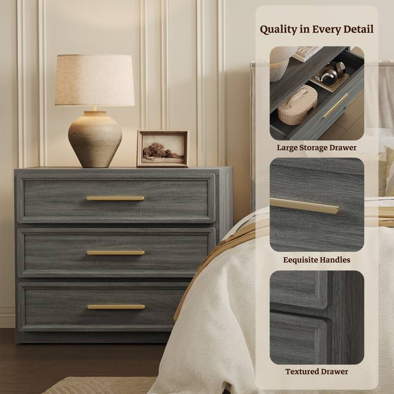 Gold-Accent 3-Drawer Nightstand: Multi-Use for Bedrooms, Guest Rooms & Dressers