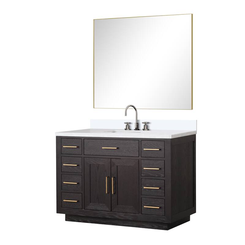 Abbey 48 in W x 22 in D Black Oak Single Bath Vanity, White Quartz Top, Faucet Set, and 46 in Mirror