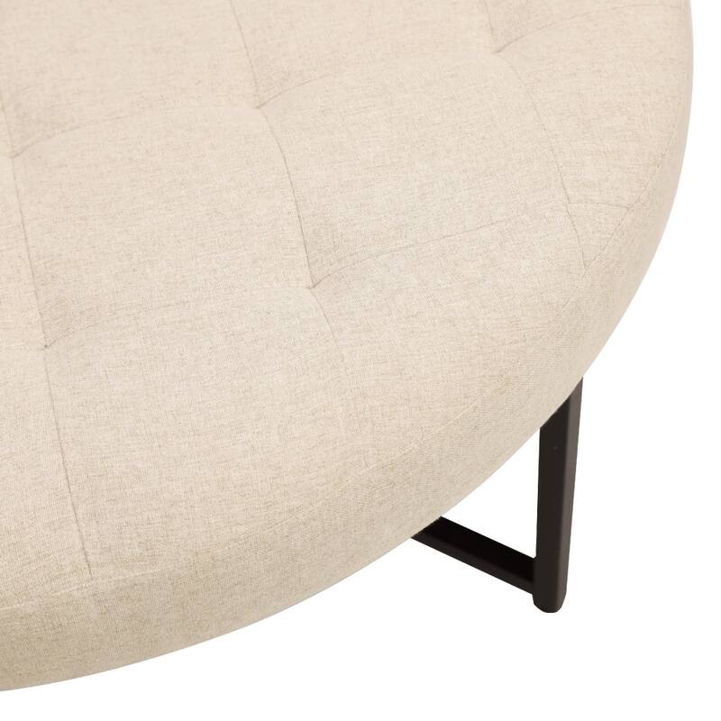 Round Cotton Linen Tufted Ottoman with Metal Frame