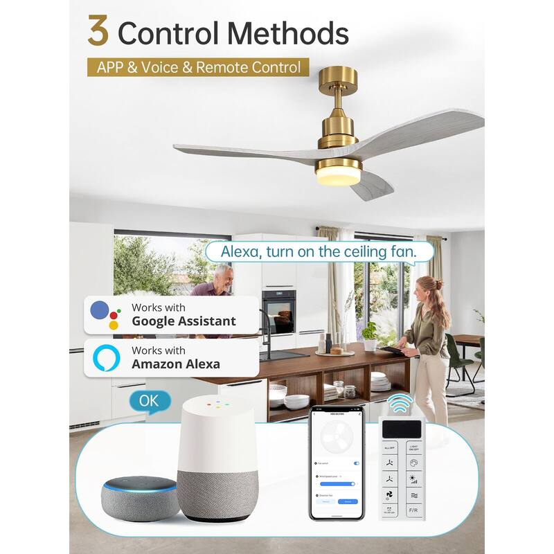 48 Inch Wood Ceiling Fan with Light and Remote/Smart App Control, Dimmable Lights Included - 52-Smart(Remote+APP+Voice Control) - Gold with Grey Blades