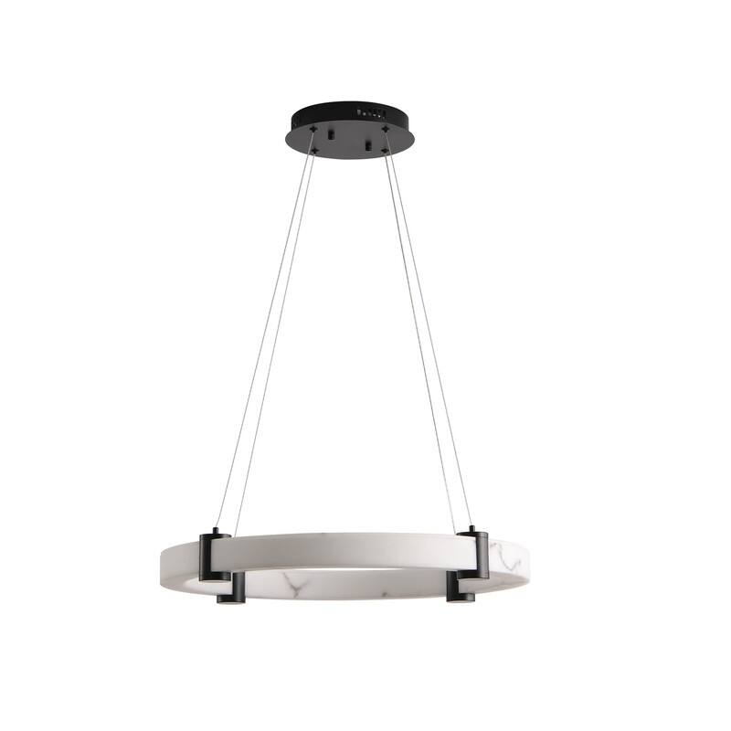Modern LED Pendant Light, 23.6-Inch Round Hanging Chandelier with Adjustable Height, Imitation Marble Finish Resin Ring