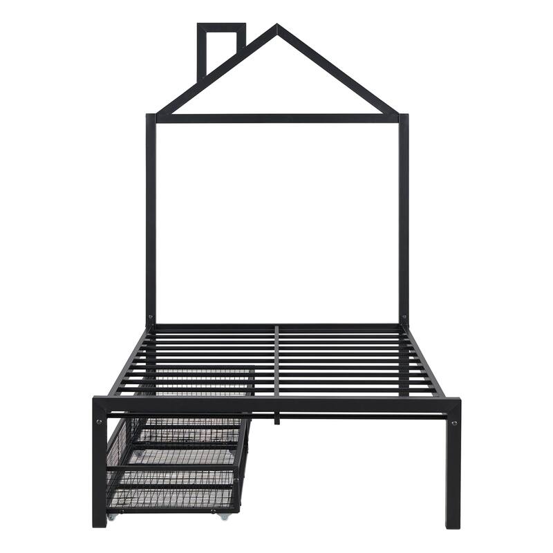 Twin Size Metal Platform Bed with two drawers, House-Shaped Headboard